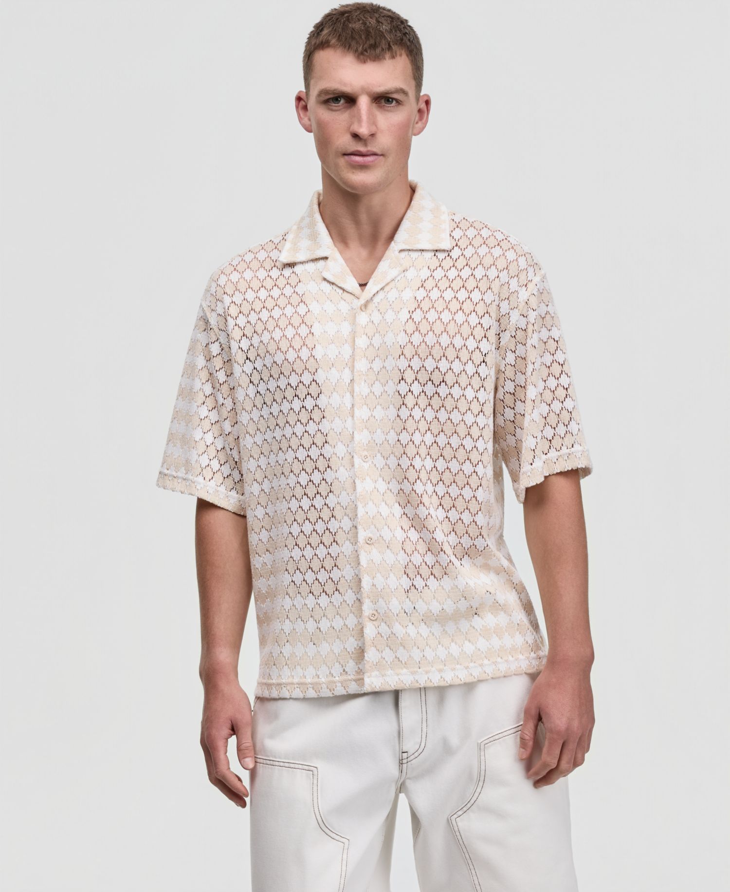 Men's Diamond-Crochet Camp Shirt