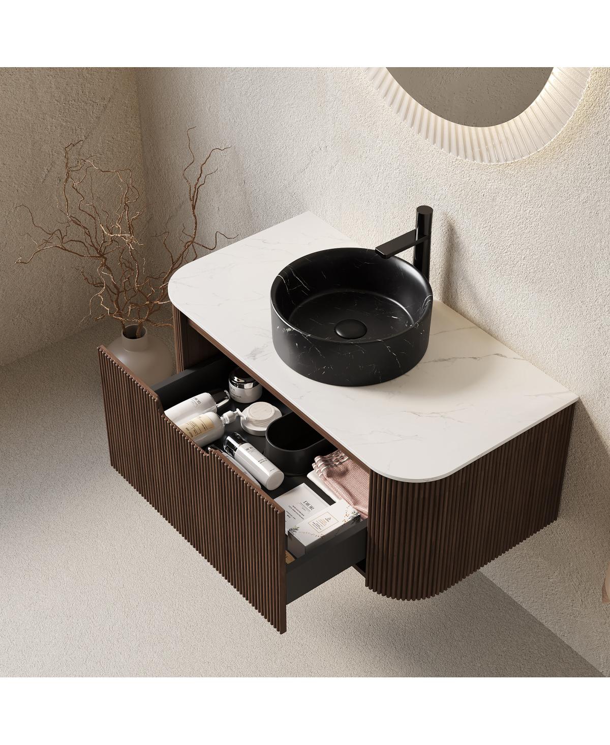 Sillysis Wall Mounted Bathroom Vanity, Ceramic Vessel Sink, Carrara Sintered Stone Top, Soft Close Drawer