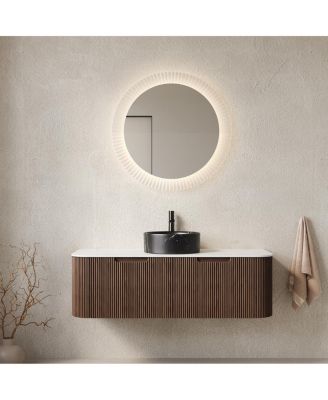 Wall Mounted Bathroom Vanity, Ceramic Vessel Sink, Carrara Sintered Stone Top, Soft Close Drawer, Pre-assembled