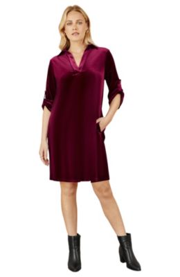 Women's Velvet Sleeve Collared Tunic Dress