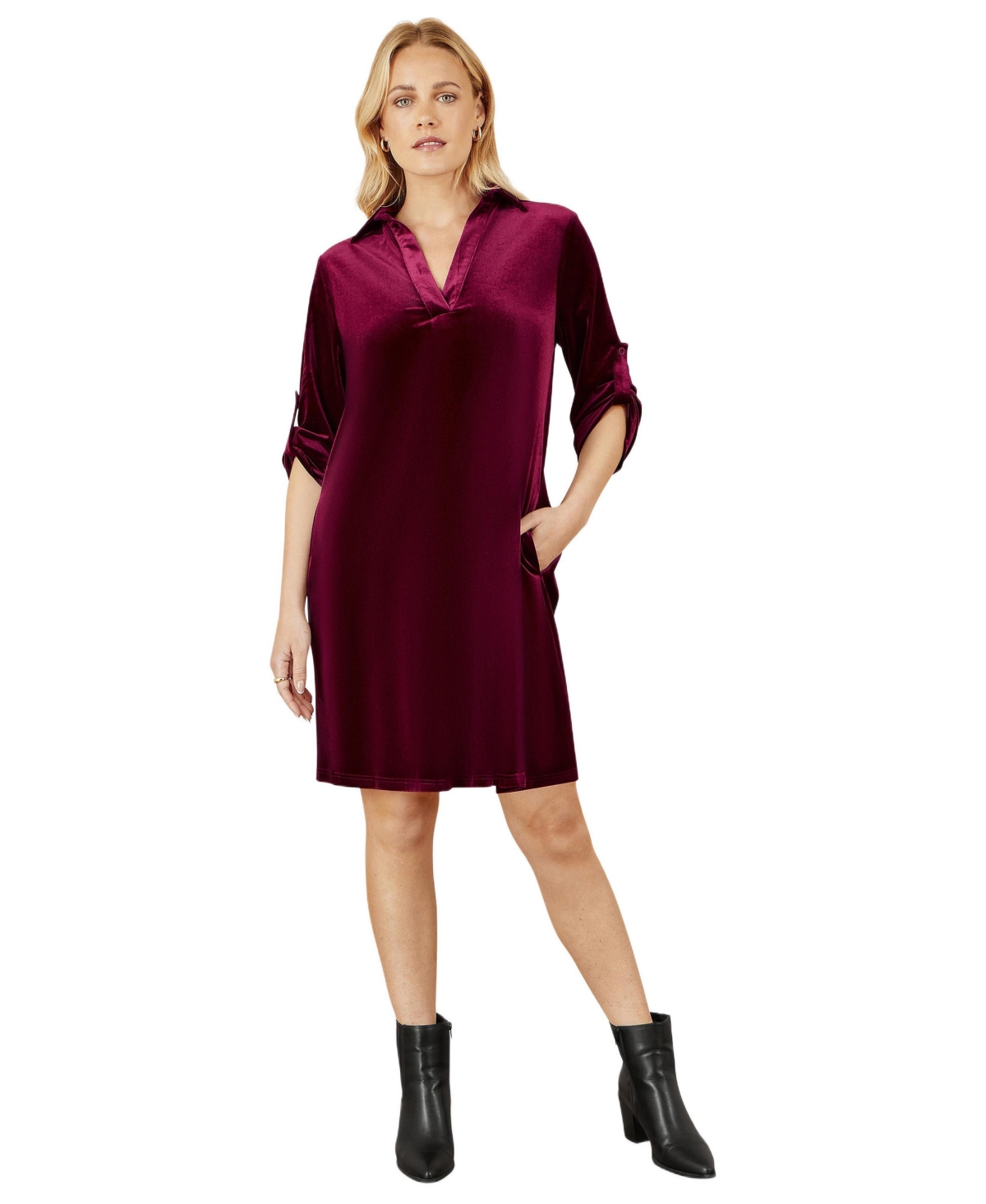 Yumi Women's Velvet Sleeve Collared Tunic Dress