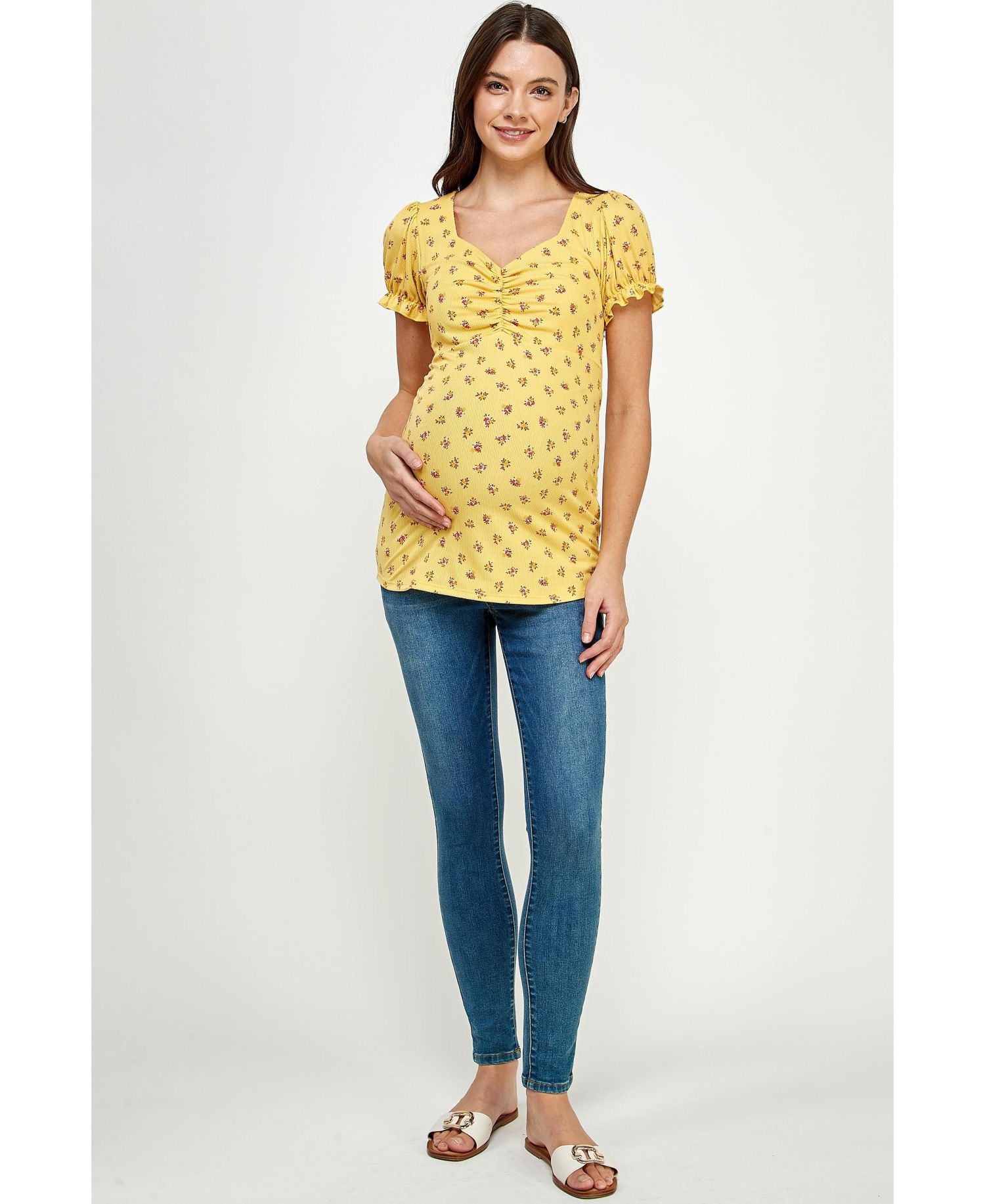 Maternity Ribbed Floral Ruched Front Puff Sleeve Top