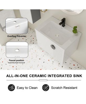 Wall Mounted Bathroom Vanity with Ceramic Sink, Floating Cabinet, 2 Soft Close Doors for Small Space