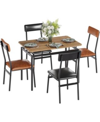 5-Piece Industrial Dining Set, Wooden Table and 4 PU Upholstered Chairs, Metal Frame for Kitchen and Apartment