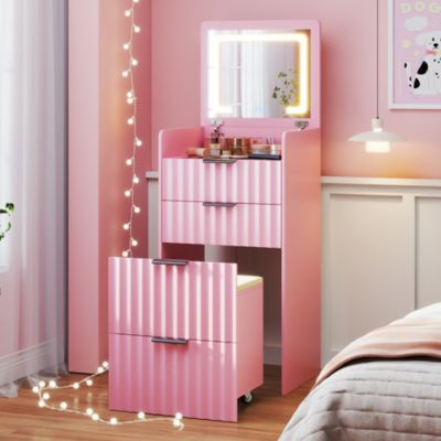 Fluted Small Vanity Desk With Mirror, Lights, Stool and 3 Drawers