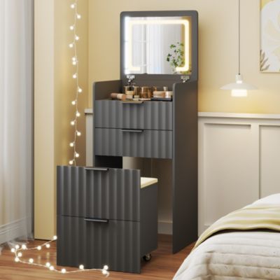 Fluted Small Vanity Desk With Mirror, Lights, Stool and 3 Drawers