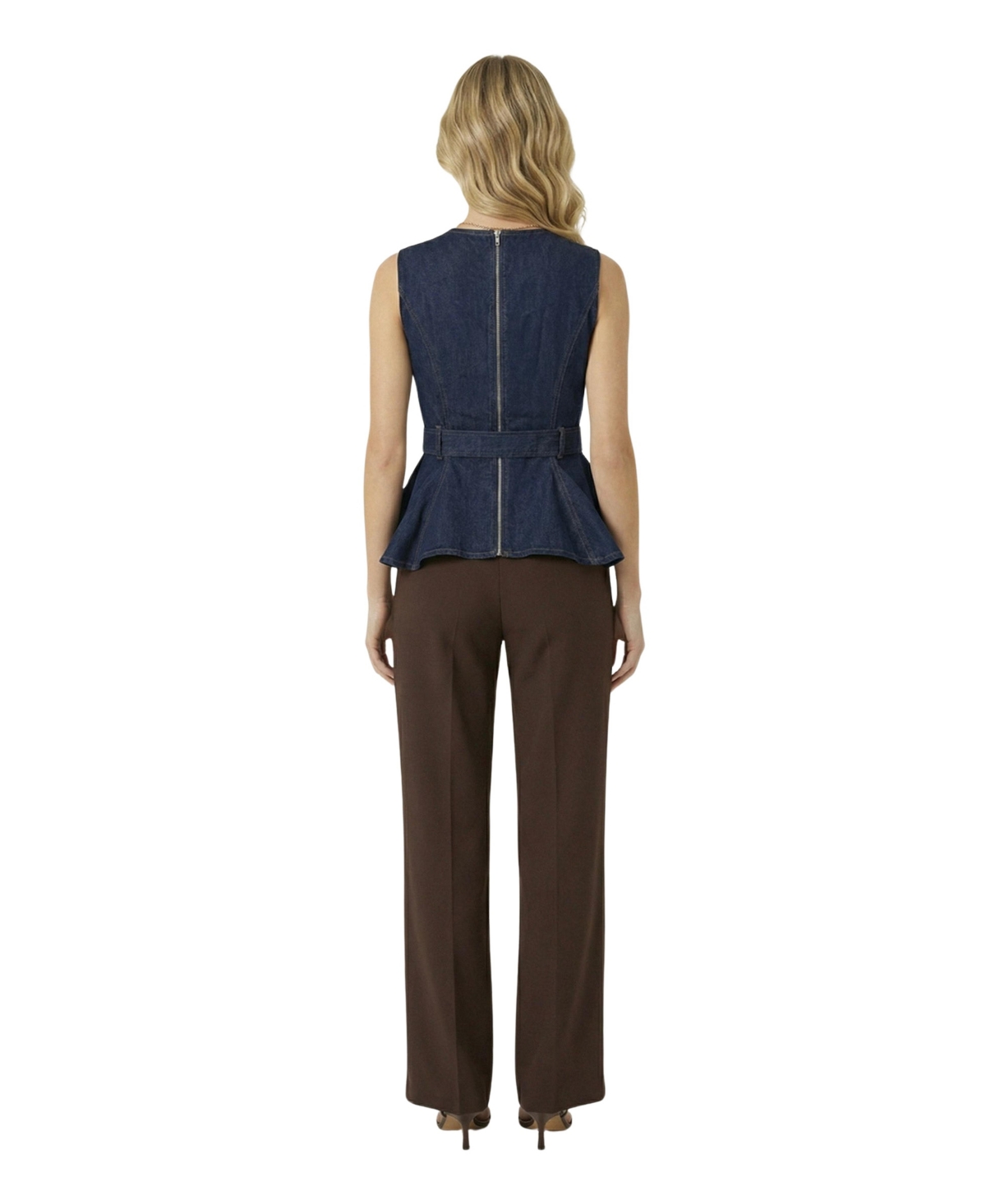 Modenaire Women's Belted Denim Peplum Top
