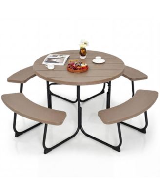 Outdoor 8-person Round Picnic Table Bench Set w/ 4 Benches and Umbrella Hole