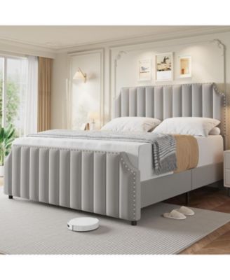 Velvet Upholstered Platform Bed with Tall Tufted Headboard and Nailhead Trim