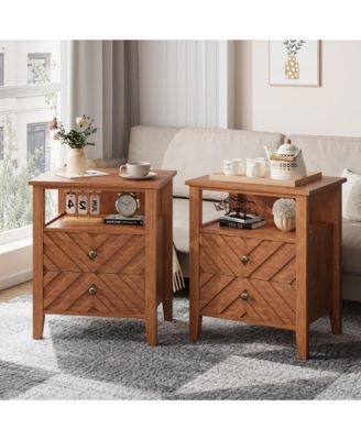 Home 2-Drawer Farmhouse Wood Nightstand, Rustic Bedside Table with Open Shelf Storage, 2-Pack