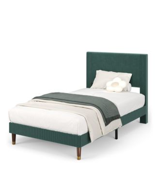 upholstered platform bed with headboard, modern low profile design, sturdy metal frame, wood slats, noise free, no box spring, easy assembly.