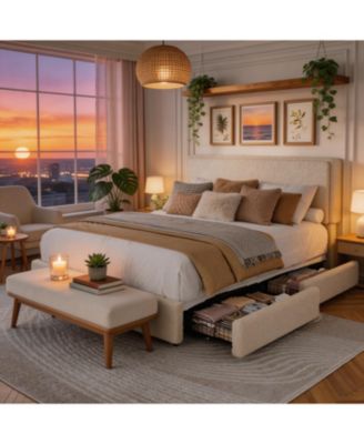 Cozy Boucle Upholstered Bed Frame - Modern Platform with Adjustable Cloud Headboard, 2 Storage Drawers, No Box Spring Needed