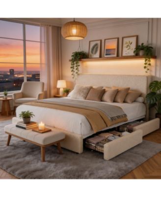 Cozy Boucle Upholstered Bed Frame – Modern Platform with Adjustable Cloud Headboard, 2 Storage Drawers, No Box Spring Needed