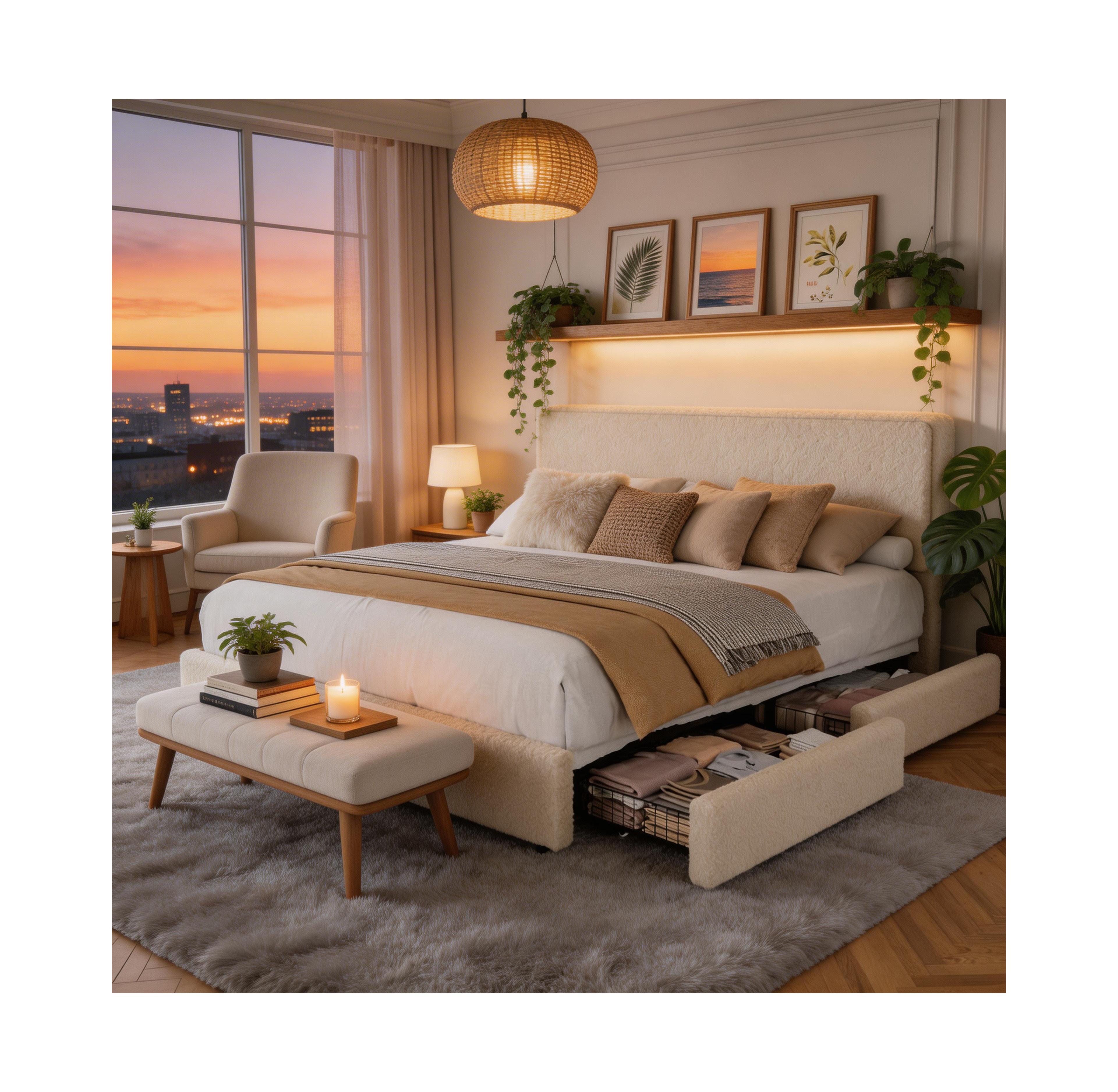 Homfan Cozy Boucle Upholstered Bed Frame – Modern Platform with Adjustable Cloud Headboard, 2 Storage Drawers, No Box Spring Needed