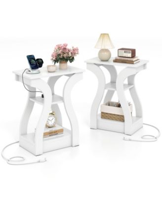 End Tables w/Charging Station Set of 2 3-Tier Side Tables with USB Ports and Outlets