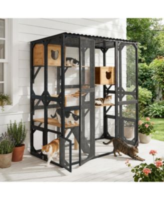 Outdoor Wooden Catio, Fir Wood Cat Enclosure with Sleeping House and Jumping Platforms, Secure Cat Playpen
