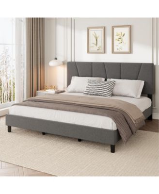 Upholstered Platform Bed with Adjustable Headboard and Wooden Slats