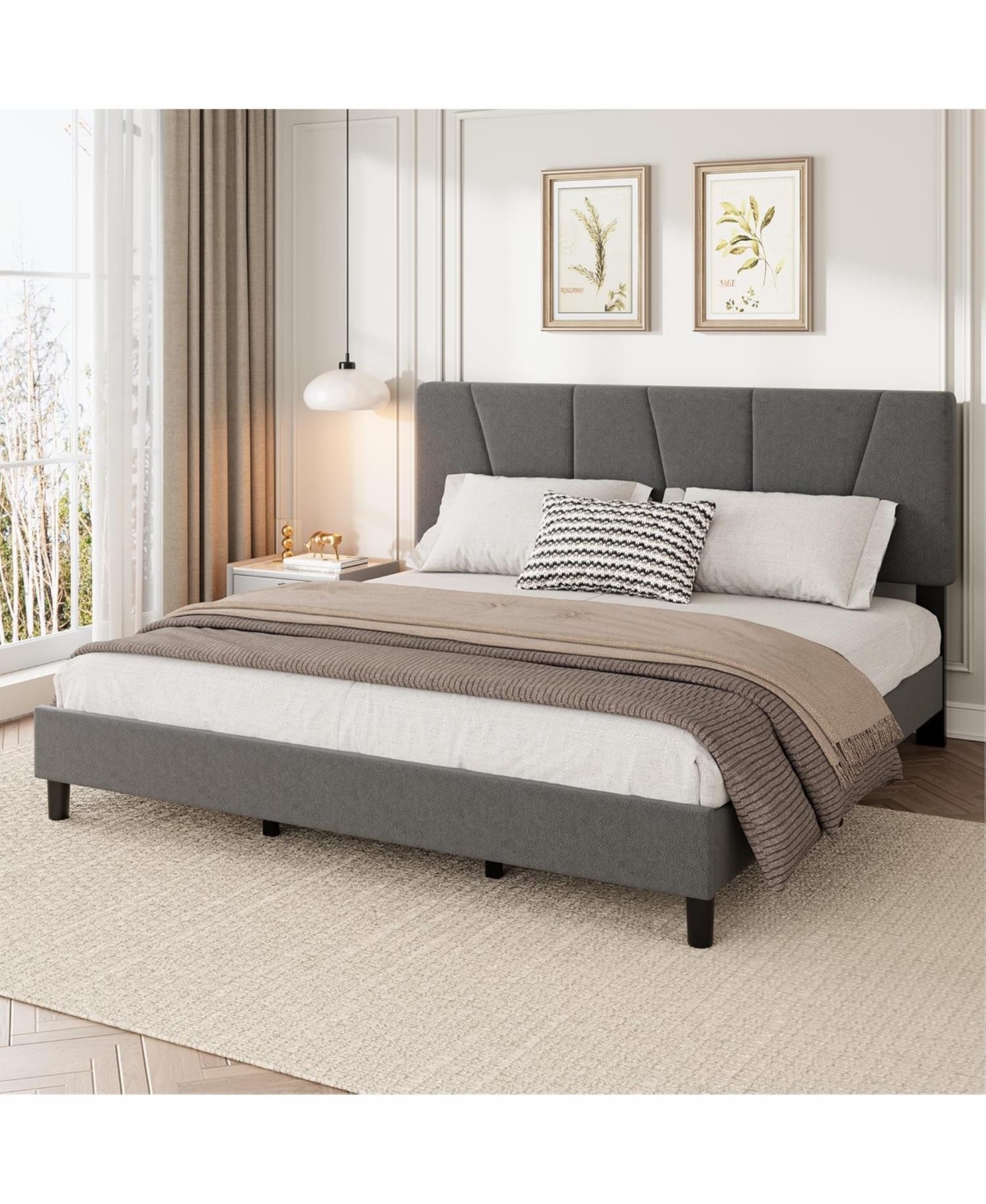gaomon Upholstered Platform Bed with Adjustable Headboard Wooden Slats