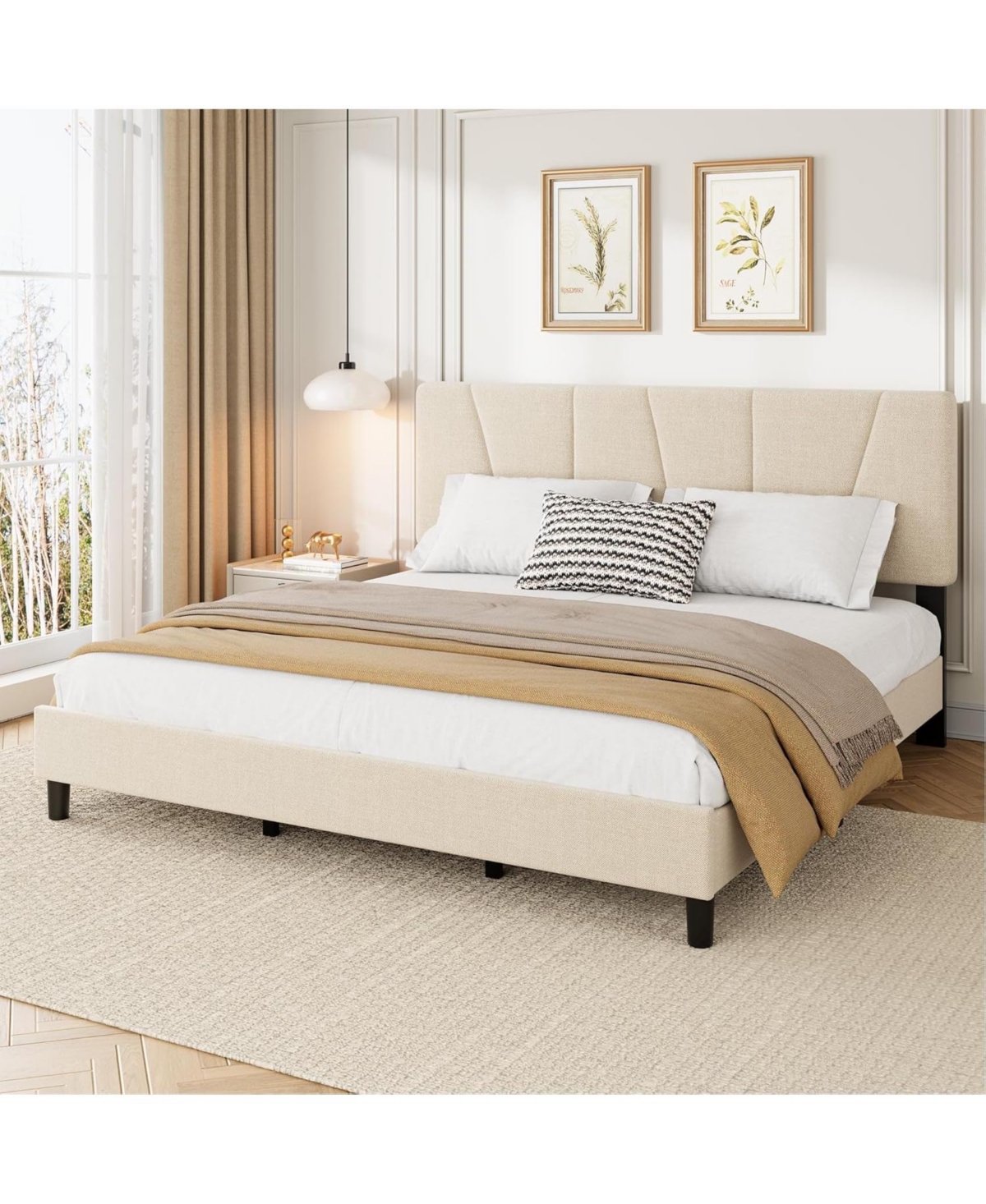 gaomon Upholstered Platform Bed with Adjustable Headboard Wooden Slats