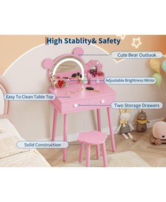 Bear-Shaped Lighted Mirror Kids Vanity Table and Chair Set - Wooden Princess Makeup Desk with Stool, Storage Drawers