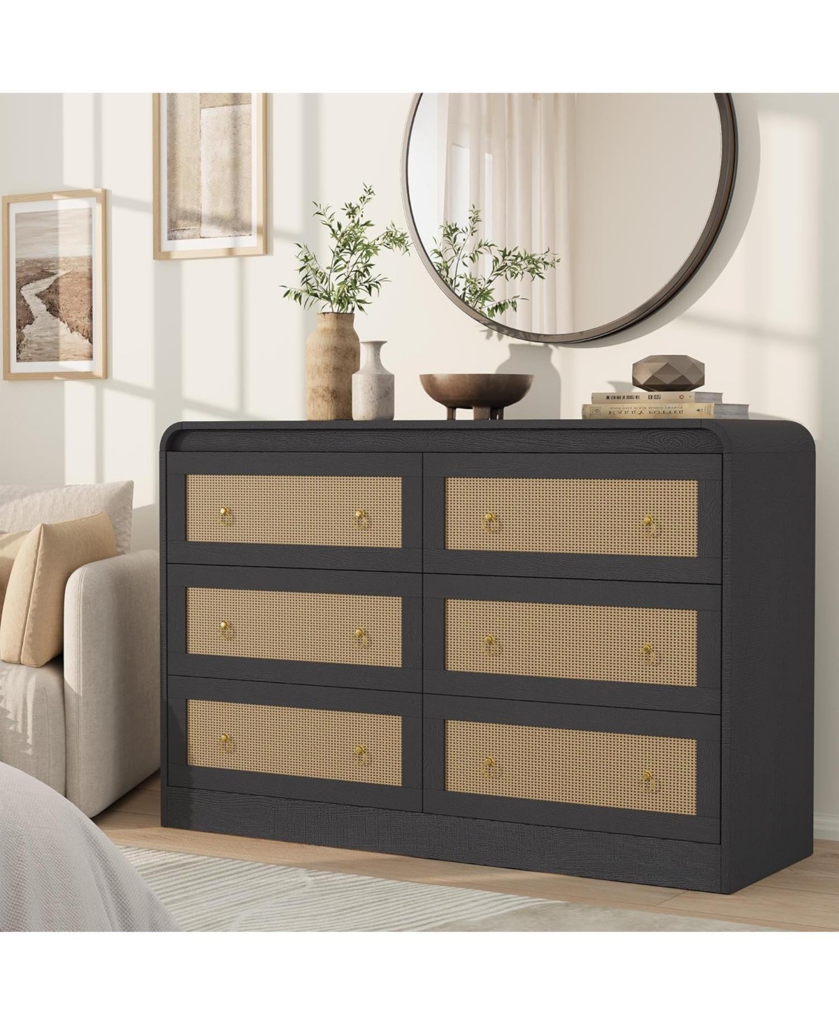 gaomon 46" Wide Rattan Dresser,6 Drawer Dresser for Bedroom,Dressers and Chests of Drawers,Modern Chest of Drawers for Bedroom,Living Room,Hallway - B
