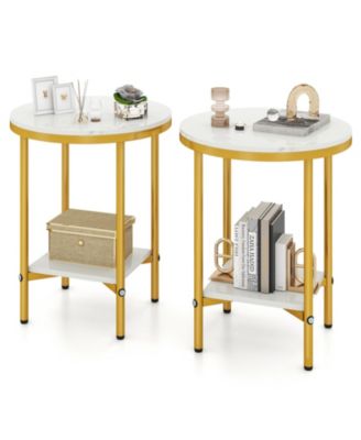 2-Tier Round Side Table Set of 2 16'' Faux Marble End Table With Storage Shelf