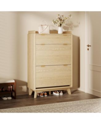 Fluted Wood Shoe Storage Cabinet for Entryway with 2 Flip Drawers and Adjustable Shelves