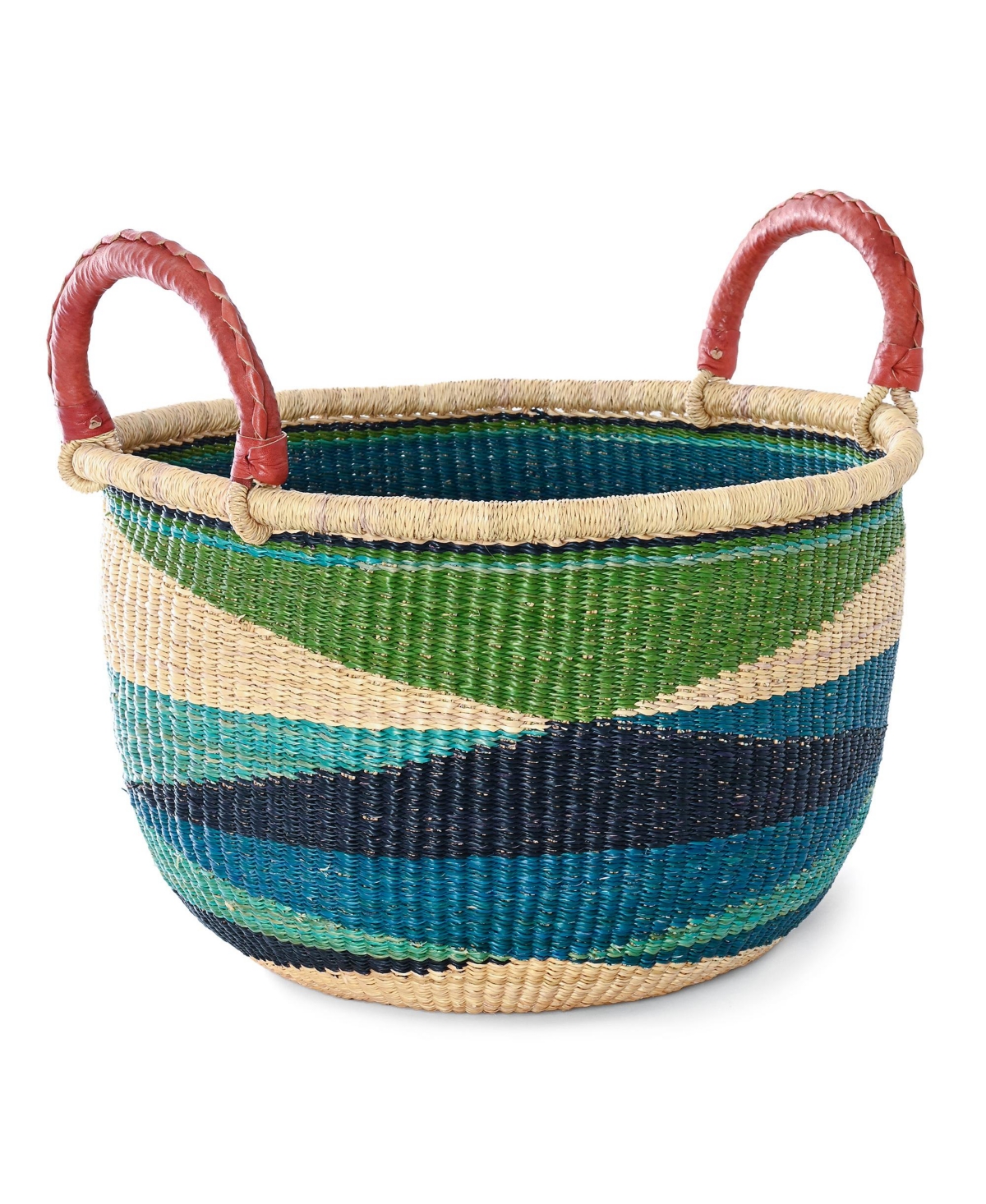 African Modern, Triangle Design Bolga Basket with Leather Handles