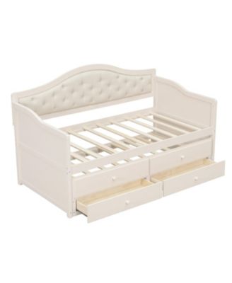 Twin Size Daybed with 2 Storage Drawers, Wooden Sofa Bed with Upholstered Button Tufted Backrest for Living Room