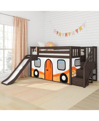 Max and Lily Low Bunk With Stairs, Easy Slide and Orange Camper Van Curtain