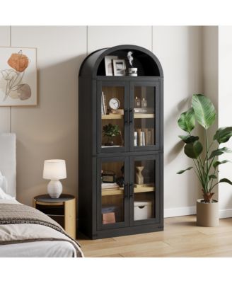 Arched Bookshelf with Doors and Drawers, 71.4" Farmhouse Bookcase, 15.83" Deep Wooden Display Cabinet