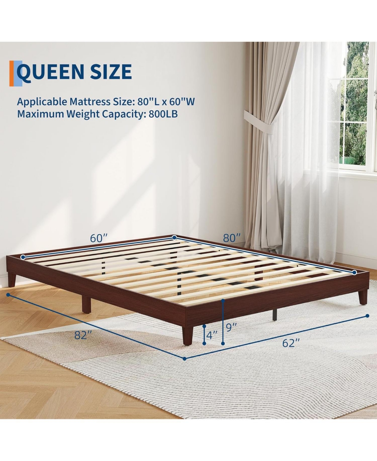gaomon Bed Frame,9 Inch Natural Sturdy Wood Platform Bed Without Headboard,Wooden Bed Frame with Strong Wood Slats Support,No Box Spring Neededd