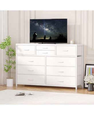 Wide 10 Drawer Fabric Dresser TV Stand, Steel Frame Storage Chest with Wood Top