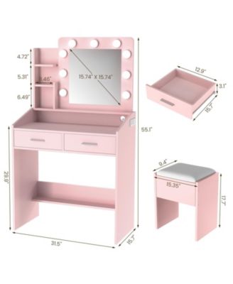 Modern Vanity Desk with Mirror, LED Lights, Power Outlet, USB Ports, 2 Drawers, 3 Lighting Modes, Stool, Hairdryer Holder, Bedroom Makeup Table