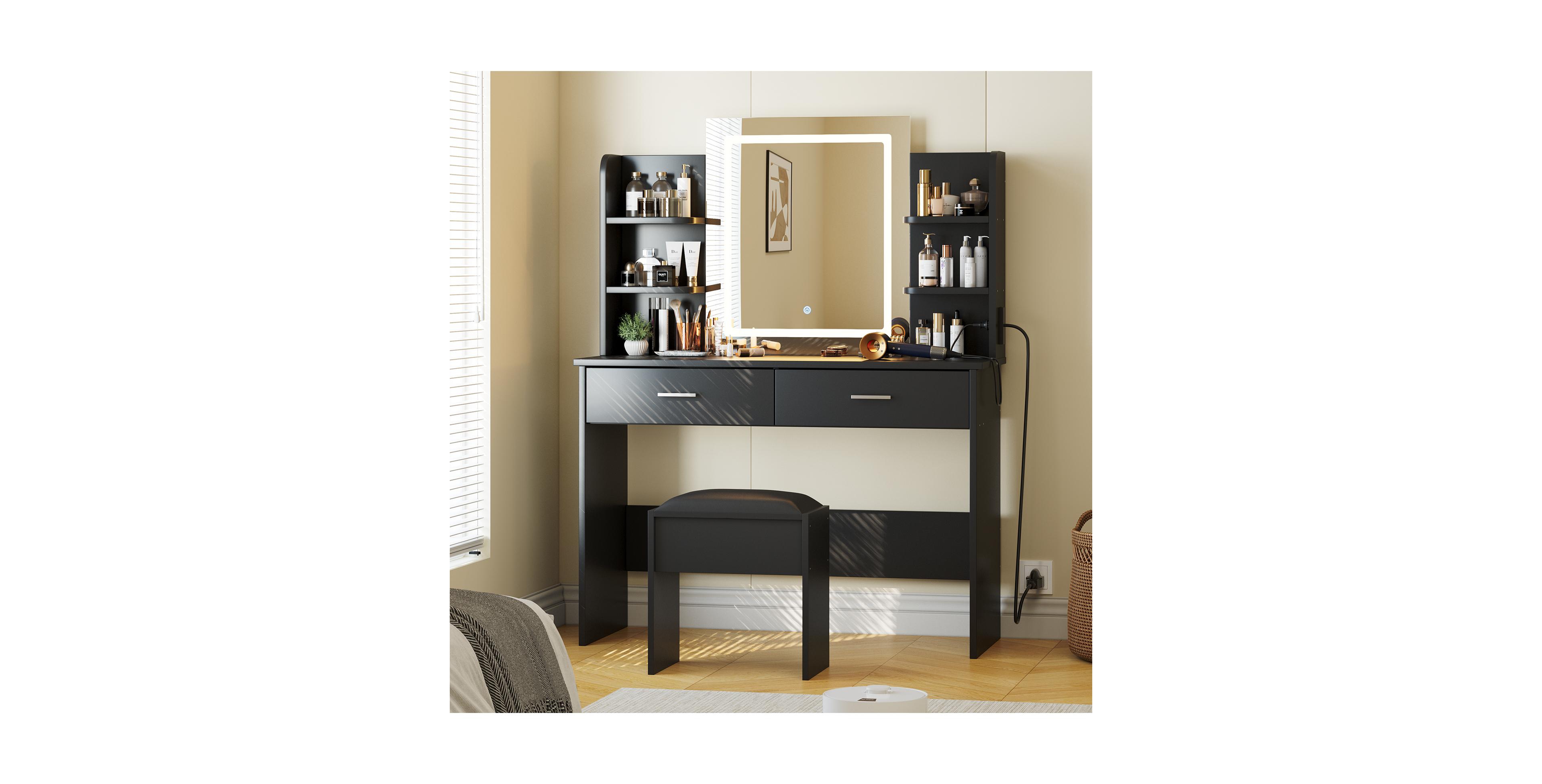 Homfan Makeup Vanity Desk with Mirror and Led Lights, 6 Storage Shelves, 2 Drawers, Cushioned Stool, Built-in Power Outlet, Dressing Room Table Set