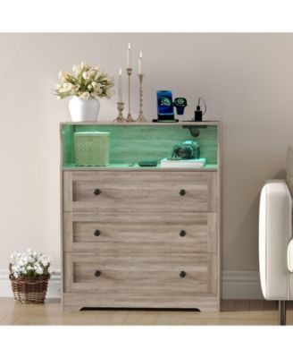 3 Drawer Tall Dresser with LED Lights and Charging Station, Wood Storage Cabinet Nightstand