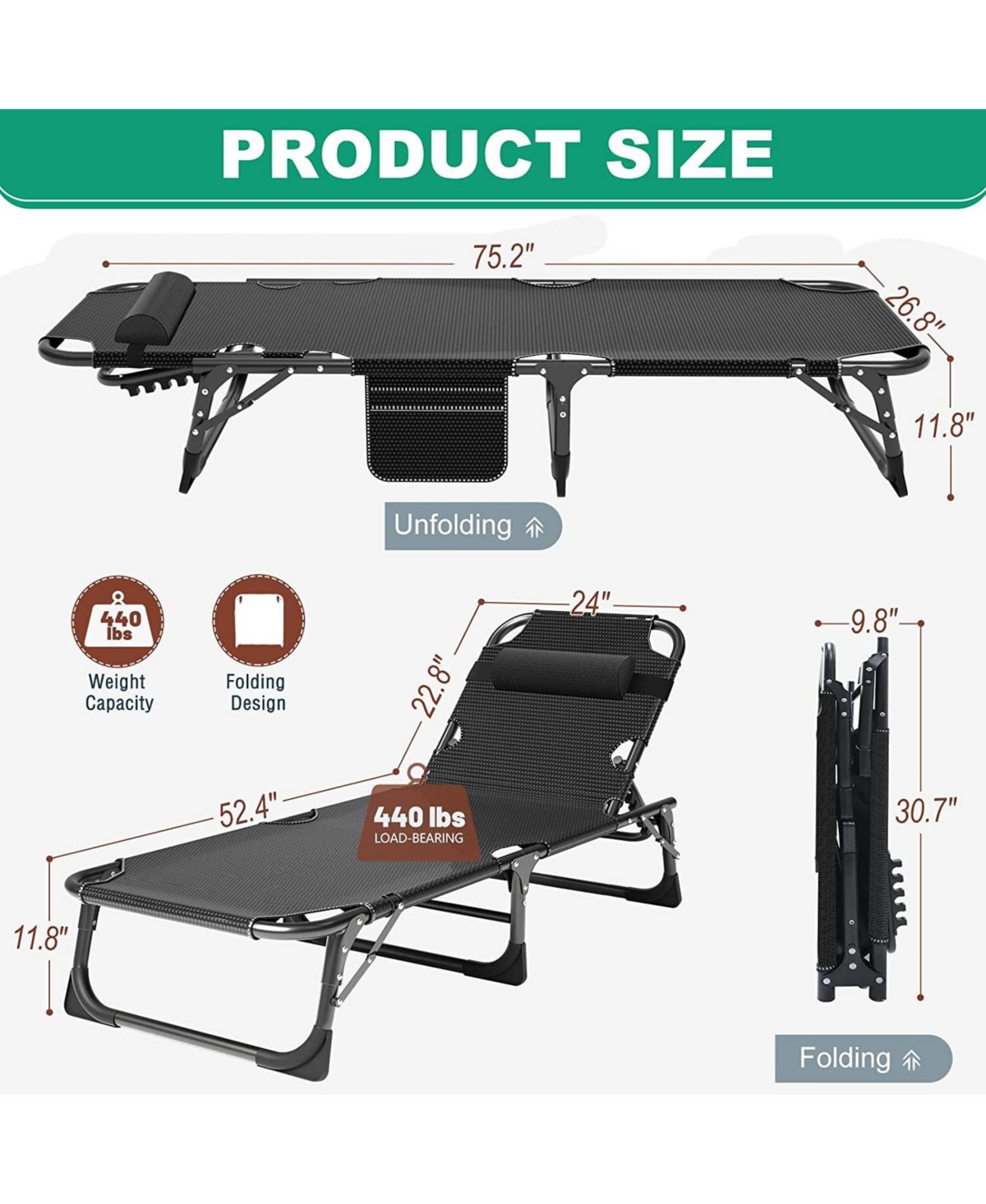 Aboron Heavy Duty 3-in-1 Folding Camping Cot with Mattress and Carry Bag. 75"x27" 1200D Double-Layer Bed for Home, Office, or Travel