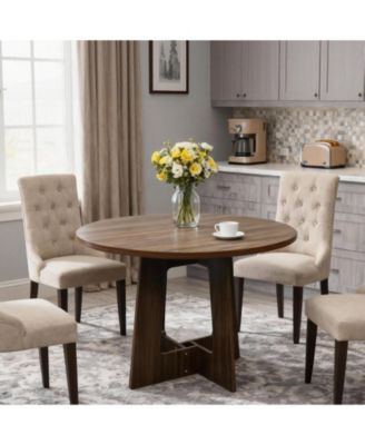 43" Round Dining Table for 4, Space-Saving Wooden Pedestal, Modern Farmhouse Design