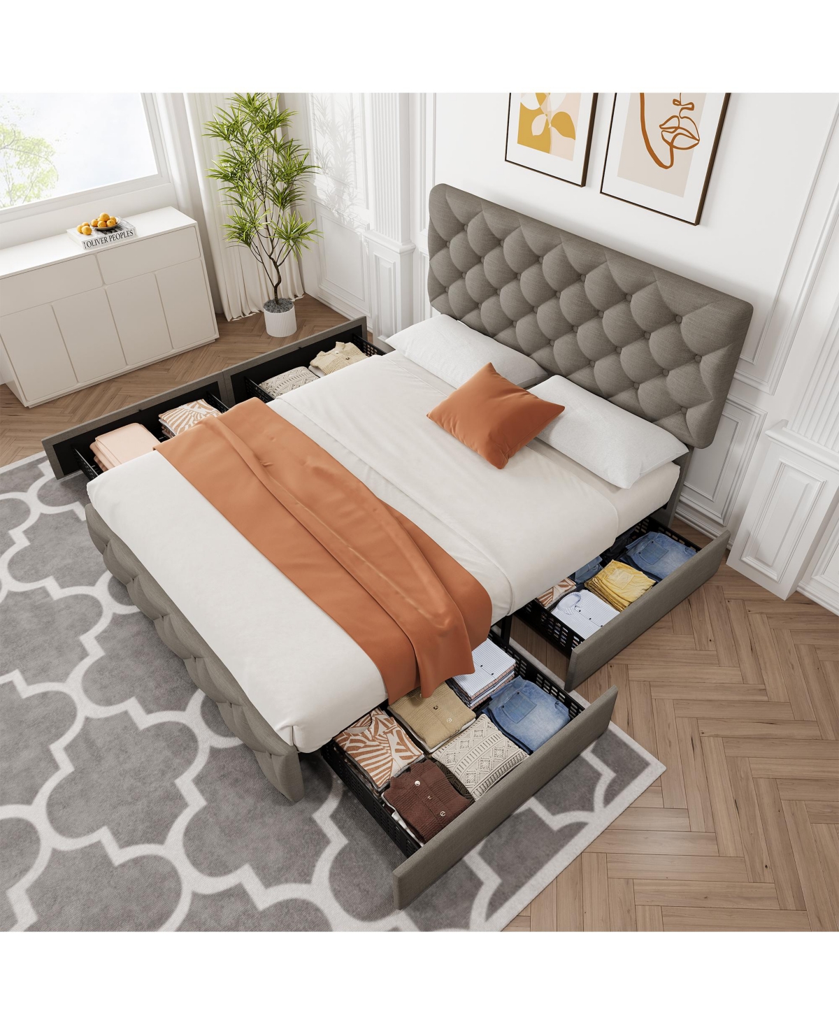 homfan Upholstered Platform Bed Frame with 4 Storage Drawers and Adjustable Diamond-Tufted Headboard