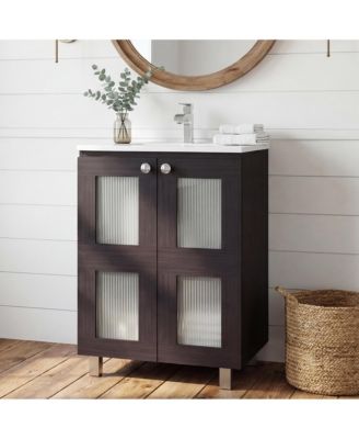 Bathroom Vanity Cabinet with Resin Sink 2 Frosted Glass Doors 2 Interior Shelves Compact Vintage Modern Storage Vanity