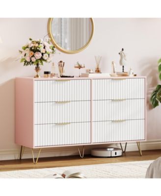 Fluted 6 Drawer Dresser for Bedroom, 47" Wide Wood Chest with Metal Handles Storage Cabinet