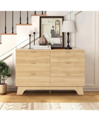47" Mid-Century Fluted 6 Drawer Dresser with Gold Handles, Wood Storage Chest
