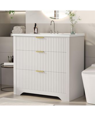 Fluted Bathroom Vanity with Ceramic Sink Freestanding Cabinet with Soft-Close Drawers and 1 Rotating-Down Drawer 36 In