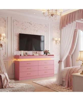 LED TV Stand Cabinet with Charging Station, Floating Countertop Coffee Bar Sideboard with 6 Drawers Storage