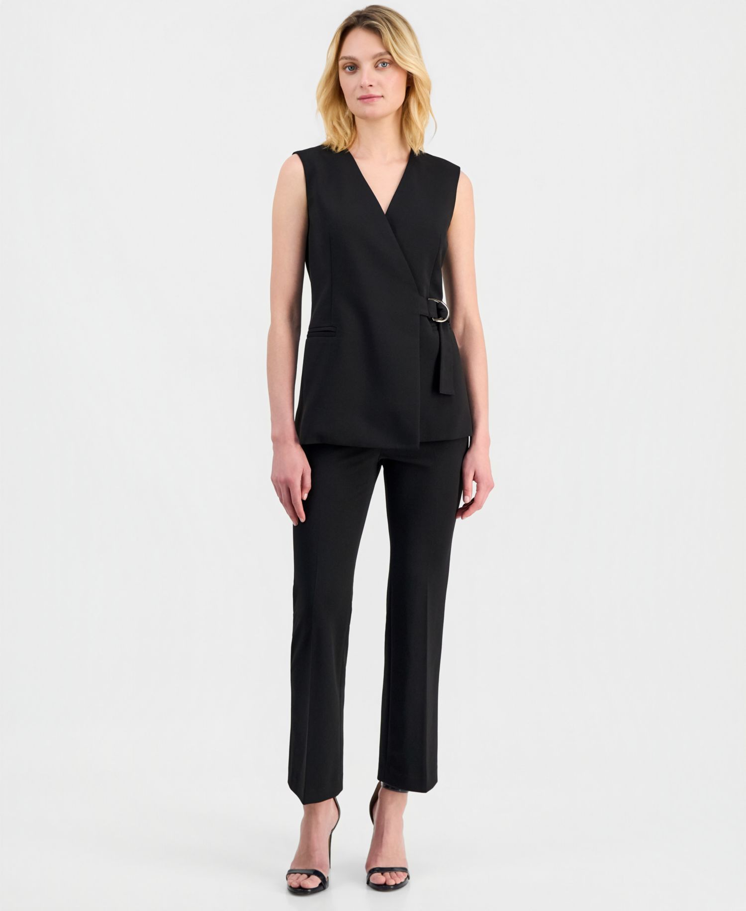 Women's Sleeveless D-Ring Wrap Blazer & Pull On Kick-Flare Pants