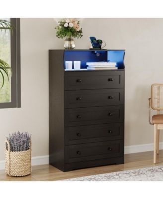5 Drawer Dresser with Open Shelf, LED Lights and Charging Station, Tall Wood Storage Cabinet for Bedroom