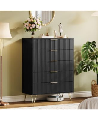Fluted 5 Drawer Dresser for Bedroom, 32" Wide Wood Chest with Metal Handles Storage Cabinet