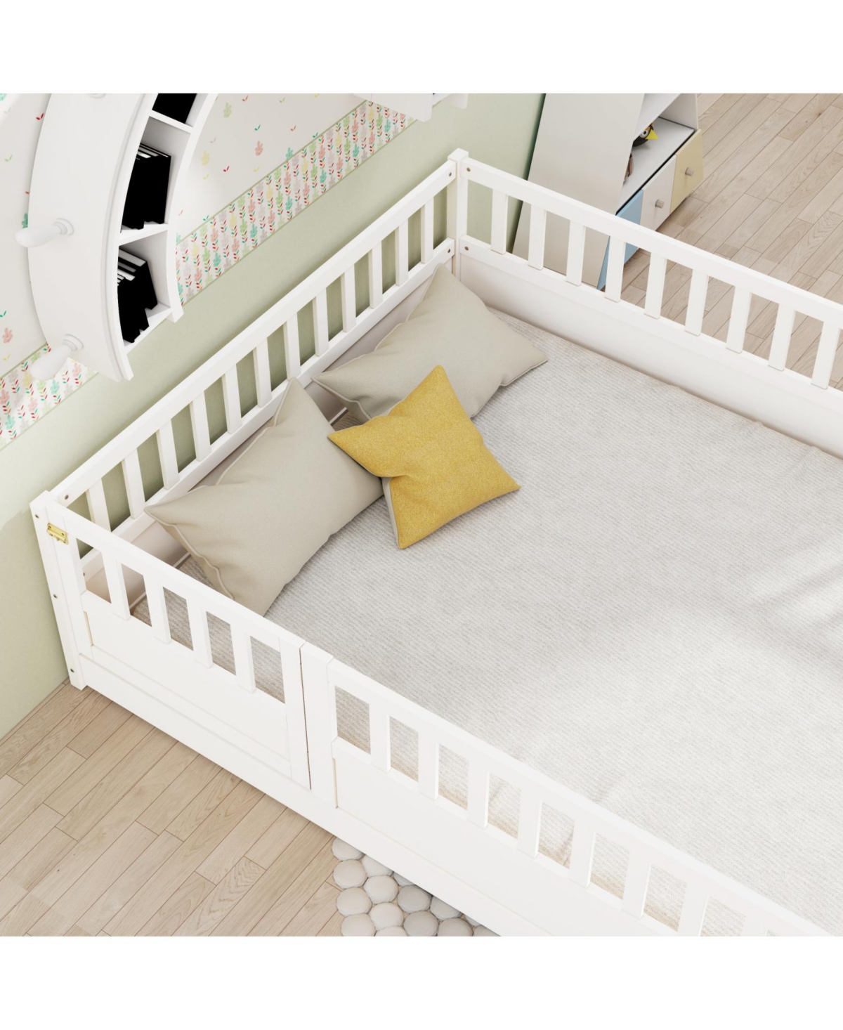 Rainsken Montessori Floor Bed, with Fence and Open Door, Children's Bed Frame