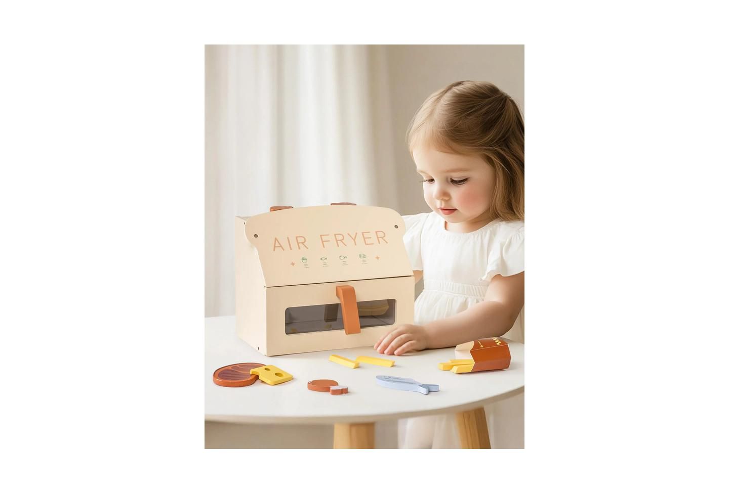 Детская игрушка Robotime Wooden Air Fryer with Pretend Food Accessories Playset, от 3 лет, цвет: Бежевый — фото 2