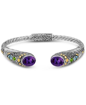 Amethyst, Peridot, Blue Topaz and Filigree Cuff Bracelet in Sterling Silver and 18K Gold Accents